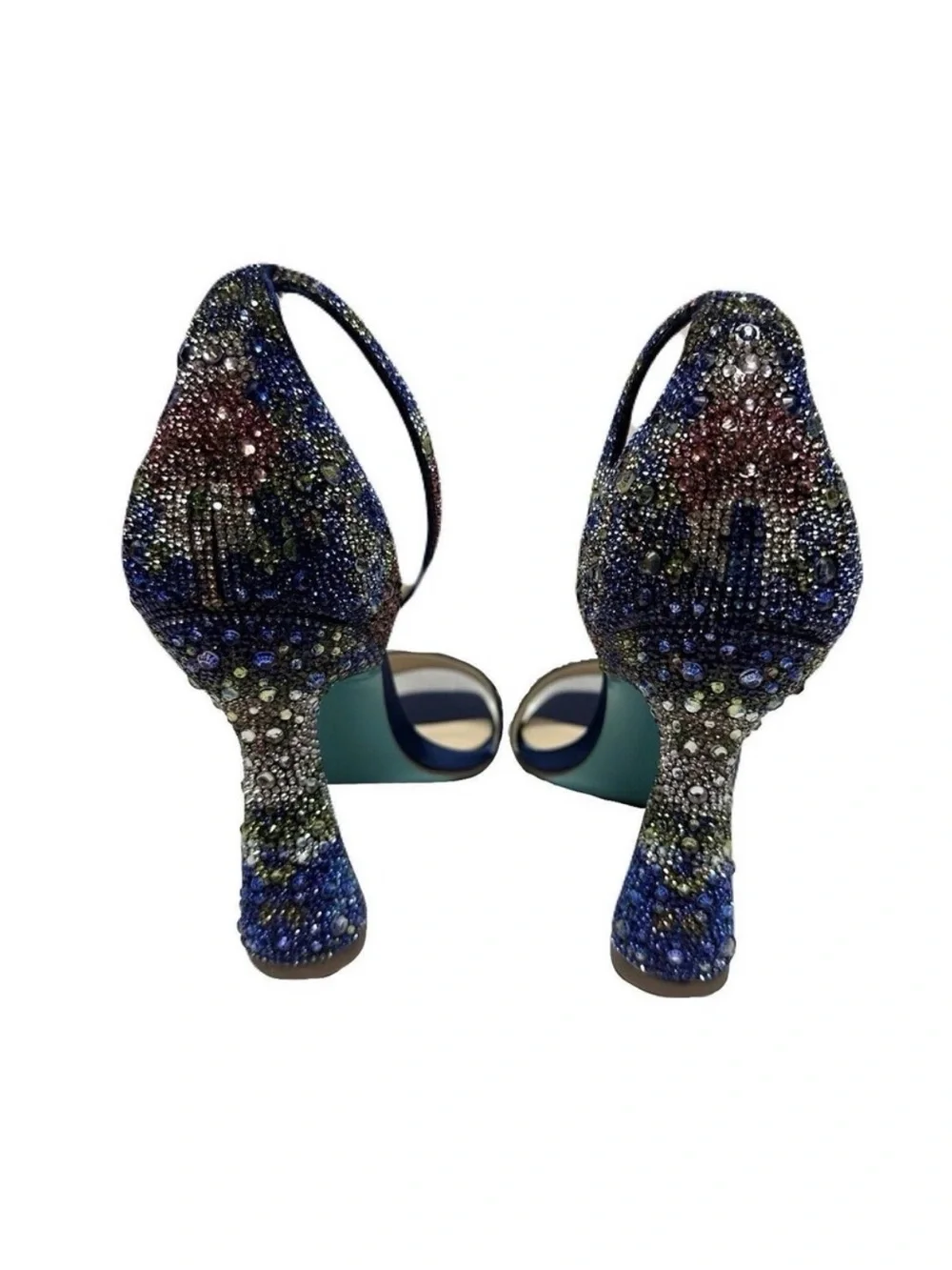 Betsey Johnson Navy Satin Multi-Crystal Ankle Strap Block Heel